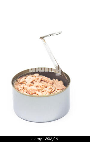 Tuna in opened can on white isolated Stock Photo