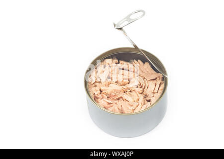 Tuna in vegetable oil in opened can on white isolated Stock Photo