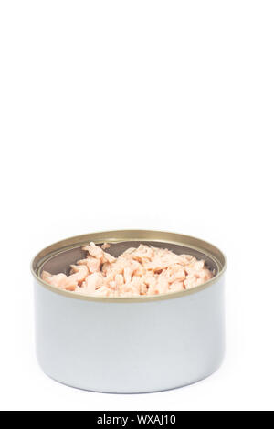 Tuna in vegetable oil in opened can on white isolated Stock Photo