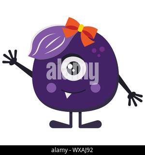 Flat design happy cartoon purple girl monster in hi position with orange bow isolated on white background. Stock Vector