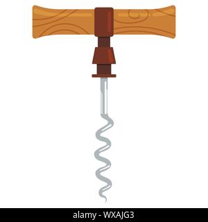 Wooden corkscrew vector illustration - device for open wine bottle, flat style bottle-screw for cork. Stock Vector