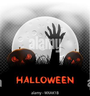 Halloween text message pumpkins zombie hand moon in dark grass silhouette and moonlight transparent background Stock Vector