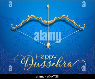 Blue Happy Dussehra festival card with gold bow and arrow patterned and crystals on paper color Background. Stock Vector