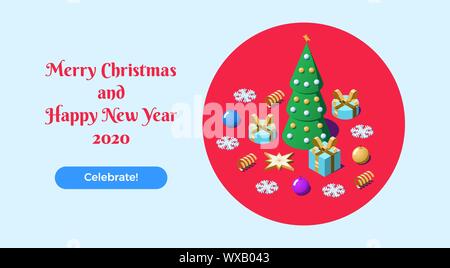 Isometric Christmas and New Year web composition. Xmas template, webpage, landing page layout with Greeting text, Christmas tree, gift boxes, ball toy Stock Vector