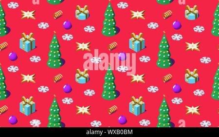 Isometric Christmas and New Year seamless pattern. Repeating Xmas pattern with Christmas tree, gift boxes, ball toys, star and golden spiral ribbon. W Stock Vector