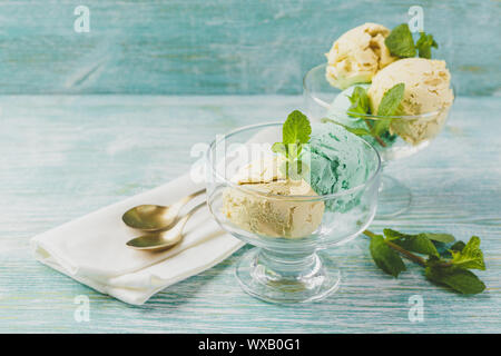 Ice cream with mint in ceramic bowl Stock Photo