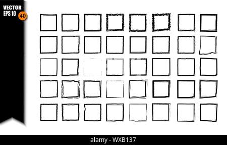 Set of black square grunge frames. Collection of geometric rectangle empty borders. Vector illustration Stock Vector