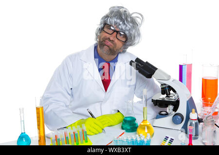 Nerd crazy scientist man portrait working at laboratory with gray hair Stock Photo