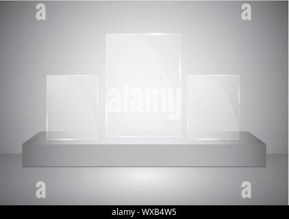 A rectangular podium with a glass pedestal or platform illuminated by spotlights on a gray background. Scene with picturesque lights. Vector Stock Vector