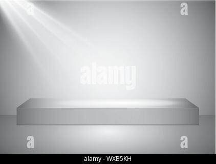 A rectangular podium with a glass pedestal or platform illuminated by spotlights on a gray background. Scene with picturesque lights. Vector Stock Vector