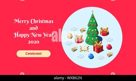 Isometric Christmas and New Year web composition. Xmas template, webpage, landing page layout with Greeting text, Christmas tree, gift boxes, ball toy Stock Vector