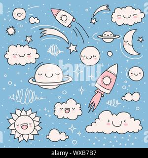 Cute doodle set of sky and space related elements for kids or babies, with planets, stars, clouds and rockets Stock Vector