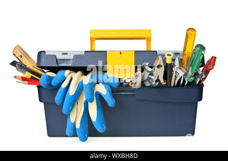 Plastic workbox with assorted tools on white background Stock Photo