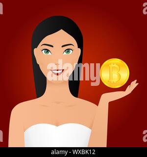 Bitcoin girl with a giant coin. Beautiful woman showing Golden Bitcoin coin. Virtual money concept. Cryptocurrency Successful investor or entrepreneur Stock Vector