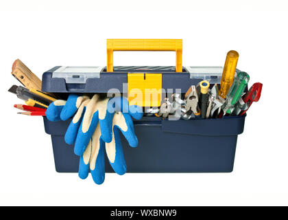 Plastic workbox with assorted tools on white background Stock Photo