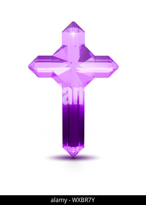 Purple crystal cross religious symbol on white background Stock Photo