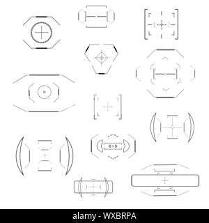 Futuristic optical aim. Military collimator sight, gun targets focus range indication. Sniper weapon target hud aiming modern accuracy crosshairs Stock Vector