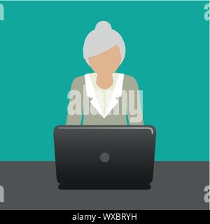 grandma with laptop is working with computer vector illustration EPS10 Stock Vector