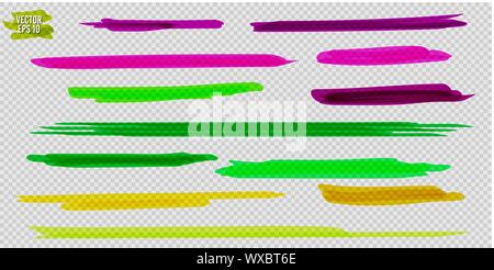 Colorful highlighters set. Yellow, green, purple, red and orange markers. Transparent hand drawn brush lines. Stock Vector