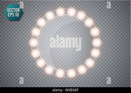 Makeup mirror isolated with gold lights. Vector round frames illustration Stock Vector