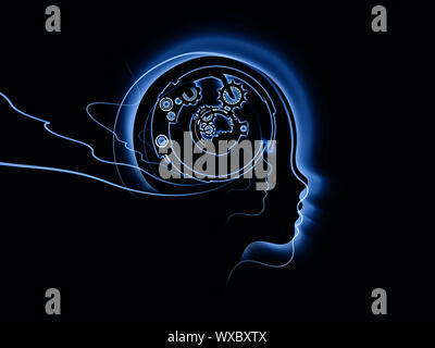 Composition of clock gears, numbers and human head outline suitable as a backdrop for the projects on consciousness, artificial intelligence and techn Stock Photo