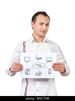 man holding placard with computer network Stock Photo