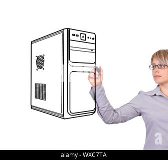 woman drawing computer system unit on a white background Stock Photo