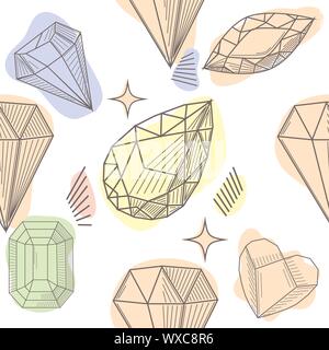 Seamless colorful diamond gemstones background on black. Jewels pattern. Stock Vector