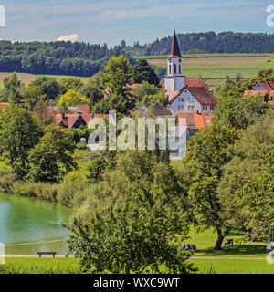 Illmensee with church Mariä Himmelfahrt Stock Photo