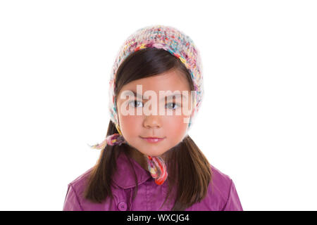 Asian child kid girl winter portrait purple coat and wool cap on white background Stock Photo