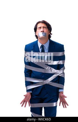 Tied employee with tape on mouth isolated on white Stock Photo