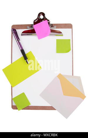 Clipboard with sticky notes and cards isolated on white. Office supplies Stock Photo