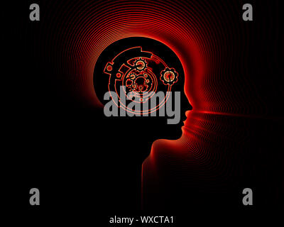 Design composed of clock gears, numbers and human head outline as a metaphor on the subject of consciousness, artificial intelligence and technology Stock Photo