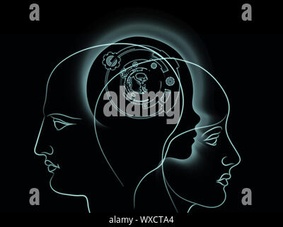 Background design of clock gears, numbers and human head outline on the subject of consciousness, artificial intelligence and technology Stock Photo