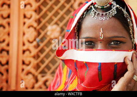 Traditional Indian woman in sari costume covered her face with veil, India Stock Photo