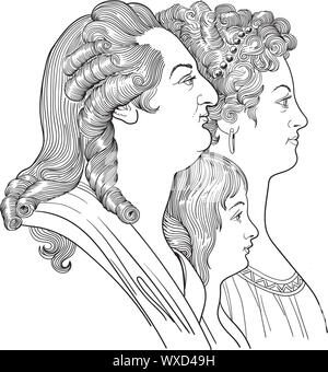 King Louis XVI cartoon and his family portrait, vector Stock Vector