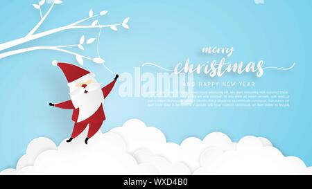 Christmas celebration greeting card in paper cut style with hanging Santa Claus on branches in cloud and sky. Vector illustration paper art digital cr Stock Vector