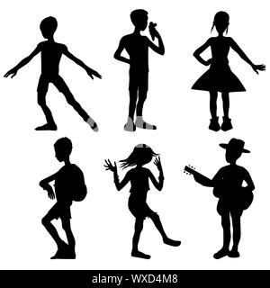 Collection of silhouettes of 6 school kids with different clothes and developing different activities, illustrations isolated on white Stock Photo