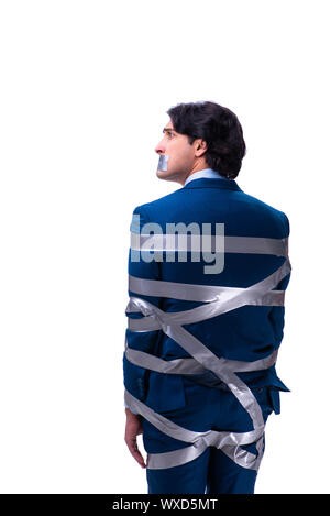 Tied employee with tape on mouth isolated on white Stock Photo