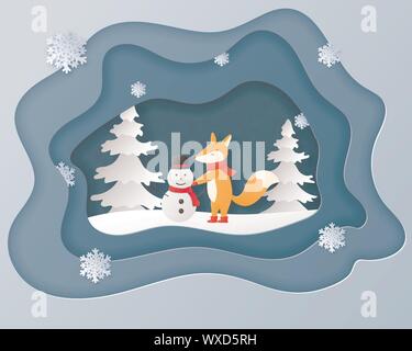 Christmas celebration greeting card in paper cut style with baby fox making snow man on snow field and pine tree. Vector illustration paper art craft Stock Vector