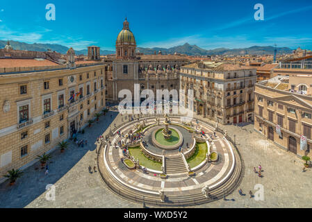View of baroque Piazza Pretoria and the Praetorian Fountain in Palermo, Sicily, Italy. Stock Photo