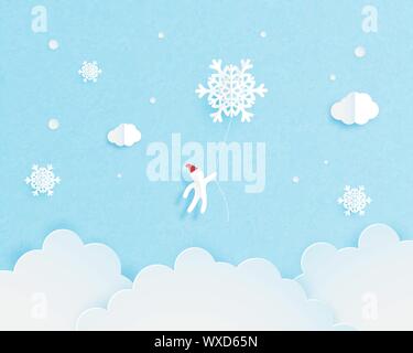 Christmas celebration greeting card in paper cut style with flying paper Santa Claus in cloud and sky. Vector illustration paper art digital craft. Stock Vector