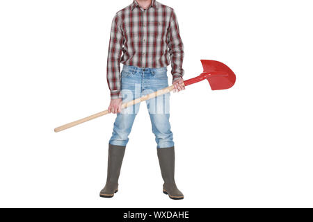 A cropped picture of a construction worker holding a shovel. Stock Photo
