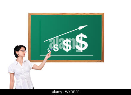 woman pointing to growth dollar on desk Stock Photo