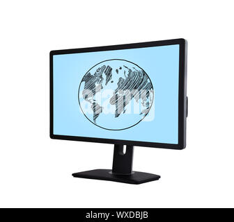 computer monitor with earth on screen Stock Photo