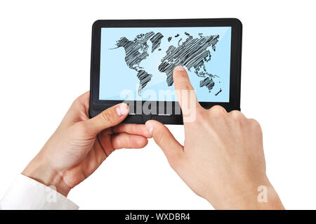 digital tablet with world map in hand Stock Photo