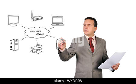 businessman drawing computer network on white background Stock Photo