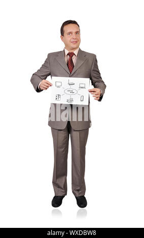 businessman holding placard with scheme computer network Stock Photo