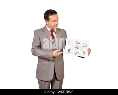 businessman holding placard with computer network Stock Photo