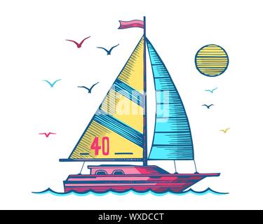 Sailing yacht vector colored sketch. A boat with a flag floating on the waves. Sun and sea gulls on a white background. Stock Vector